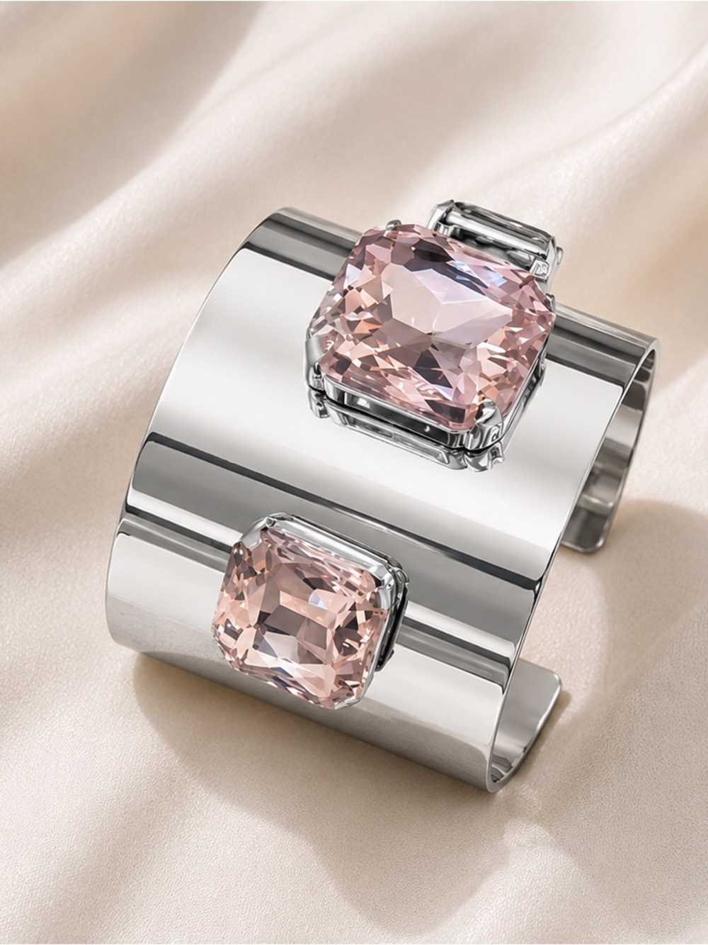 Silver Tone Blush Pink Crystal Statement Cuff Bracelet
